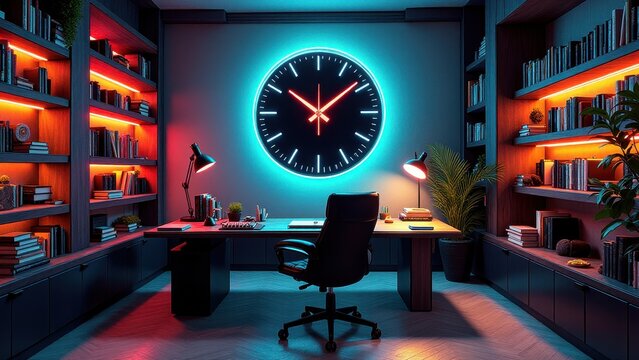 Monochrome office themes, Futuristic home office with glowing neon clock saturated books monochrome setup inspiring elevated performance