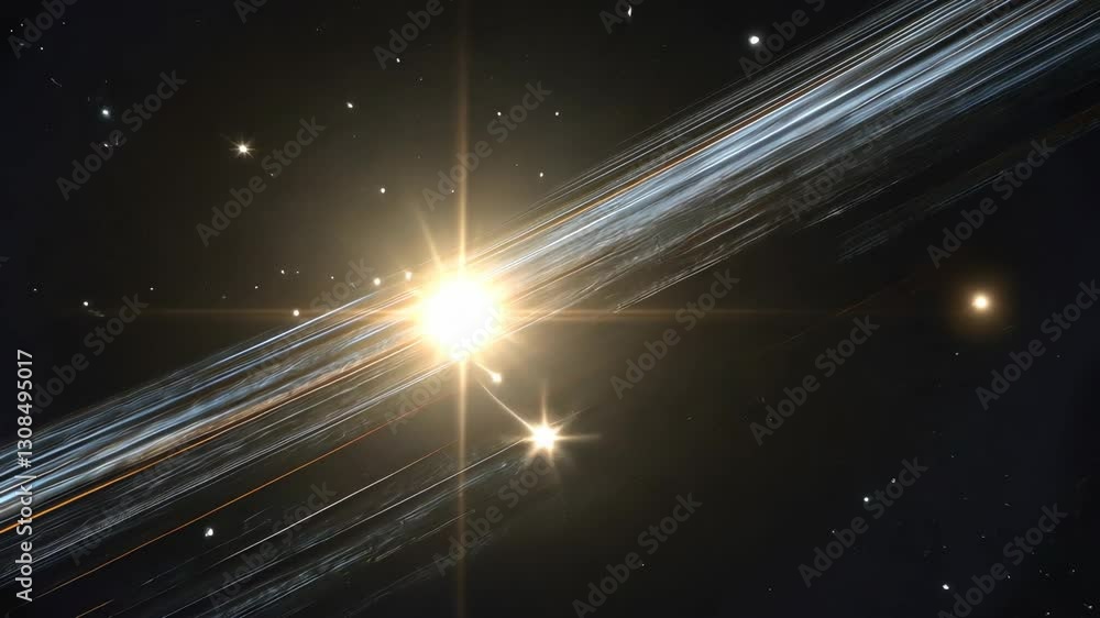 Poster a cosmic video scene with a wide-angle view of a bright star surrounded by streaking light trails an