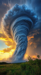 Dramatic Tornado over Green Field at Sunset