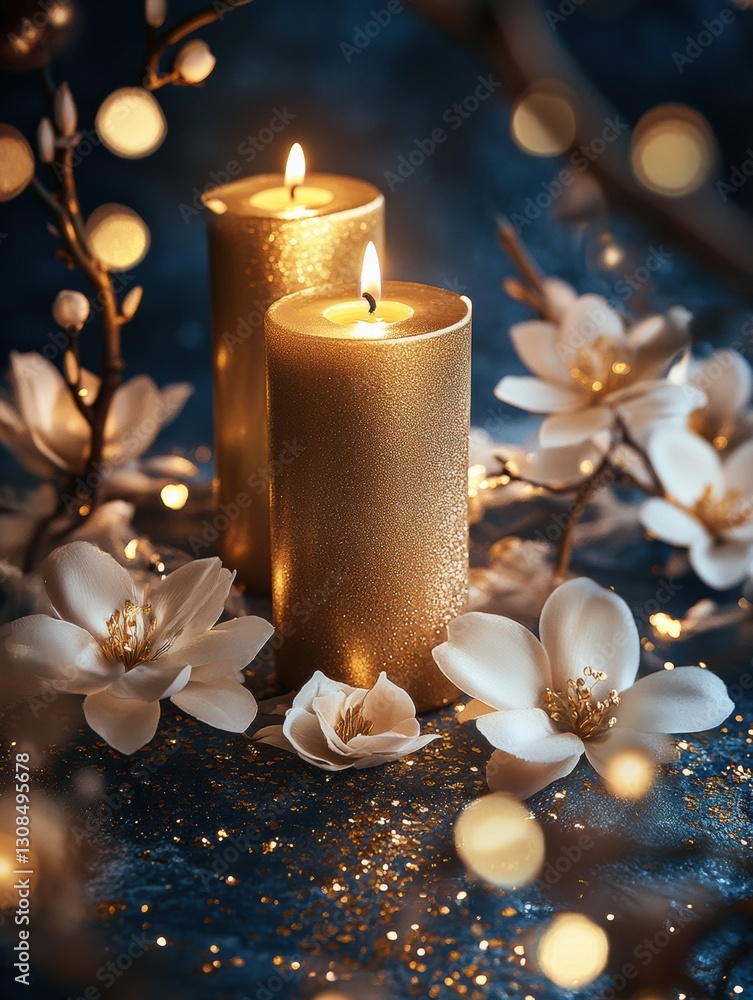 Aufkleber elegant golden candles illuminated by white and gold flowers on a dark sparkling background generati