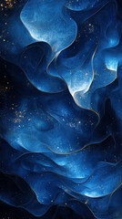 Abstract blue and gold celestial waves with star-like specks.