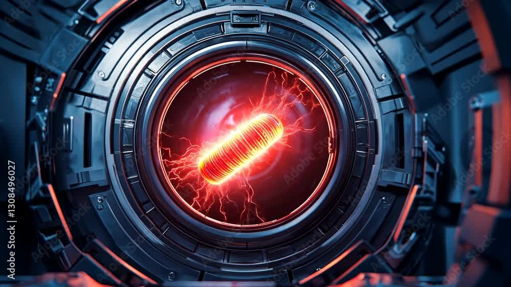 Poster close-up of magnetic coils used to control plasma streams in a scientific setting.