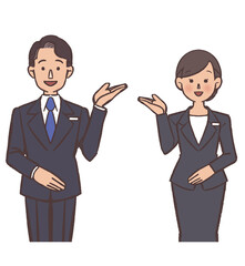 スーツを着た男性と女性が案内をしているイラスト