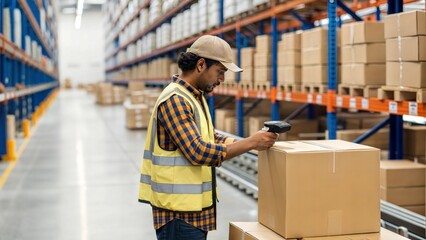 Indian E-commerce Delivery Worker Scanning Parcel in a Warehouse &ndash; A worker scanning a barcode on a package, surrounded by stacks of labeled parcels in a distribution center.