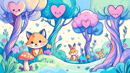 Obraz premium Playful Cartoon Forest Scene Featuring a Happy Fox and Two Rabbits with Colorful Trees and Hearts