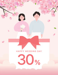 신혼부부 웨딩페어 이벤트배너, 할인, Happy Wedding Festa Sale banner with Cherry blossom. Wedding day (Korean translation : Wedding Sale)