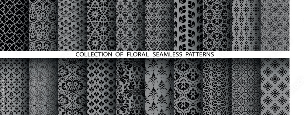 Aufkleber geometric floral set of seamless patterns gray and black vector backgrounds. damask graphic ornament
