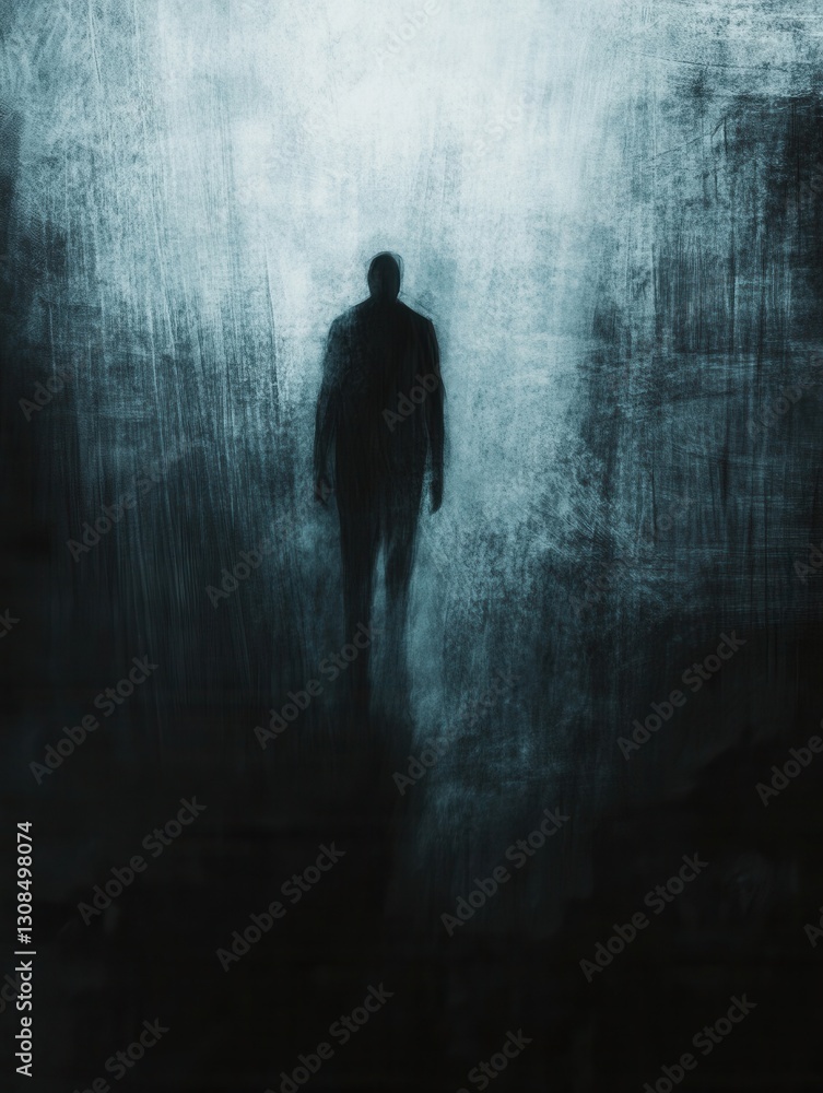 Poster Mysterious silhouette looms in dark blurred shadows, conveying a deep sense of fear and uncertainty in an abstract setting Generative AI