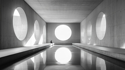 Minimalist architecture with circular windows and water reflection