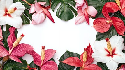 Fototapeta premium Vibrant Pink and White Hibiscus Flowers with Lush Green Monstera Leaves on White Background