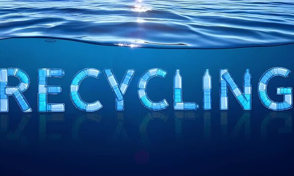 Word recycling made out of plastic with ocean water background, clean oceans and sustainability concept