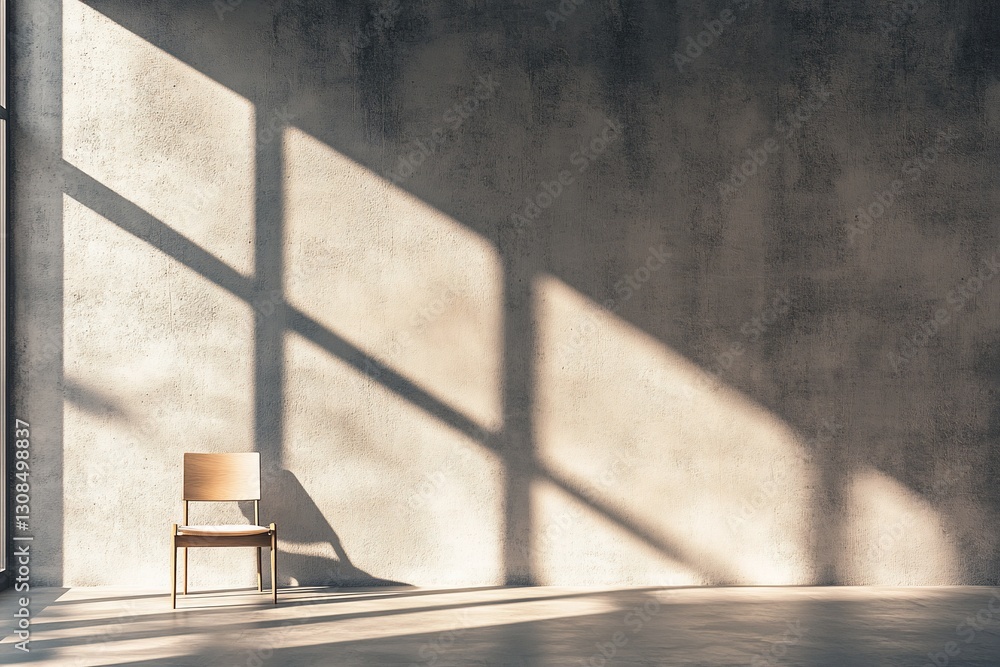 Poster light streams through a large window onto a single chair in a minimalist room with a concrete wall.