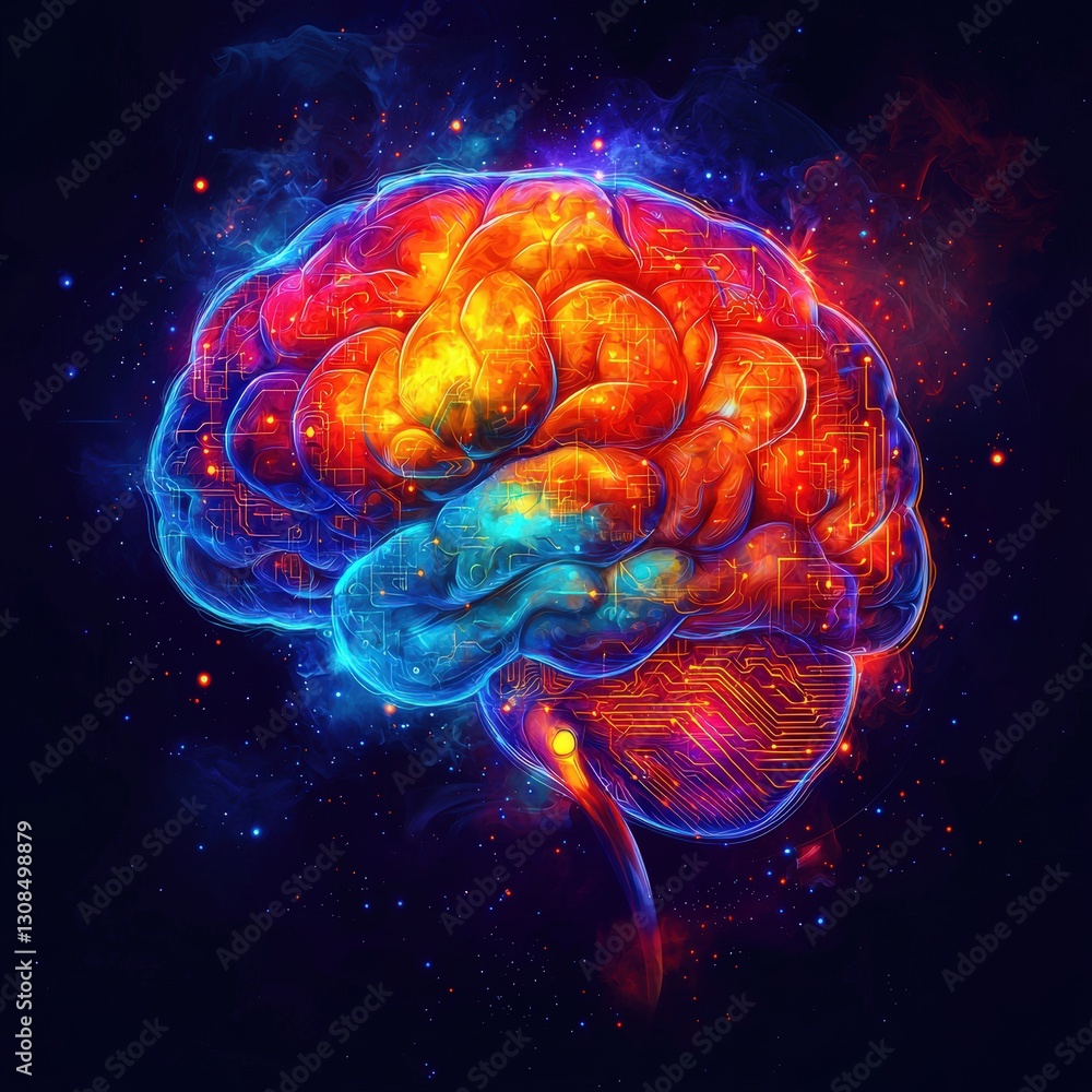 Poster brain with circuitry embedded in the center illustrating the fusion of technology and neuroscience