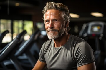 Obraz premium A smiling elderly gray-haired man in good athletic shape in the gym against the background of many sports equipment.