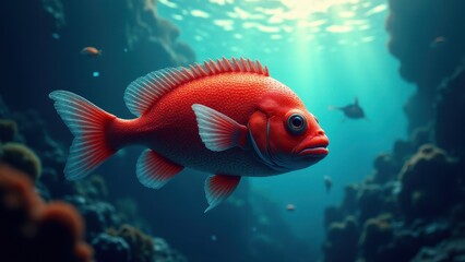 Naklejka premium A vibrant strawberry grouper fish swims gracefully in a clear underwater environment, surrounded by coral reefs and other marine life.