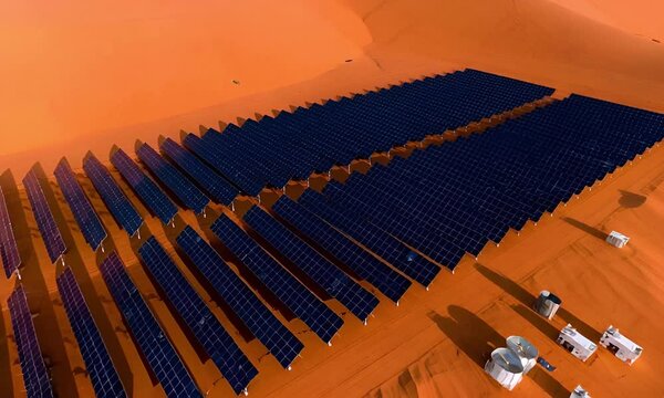 Drone Aerial View of a Photovoltaic Solar Power Plant in the Desert