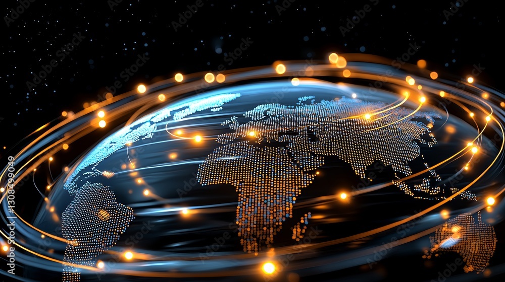 Poster global connectivity revolution dynamic digital world map with light trails conceptual technology ill