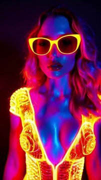 Portrait of a young woman wearing fluorescent clothing in neon lighting, vibrant and modern fashion concept