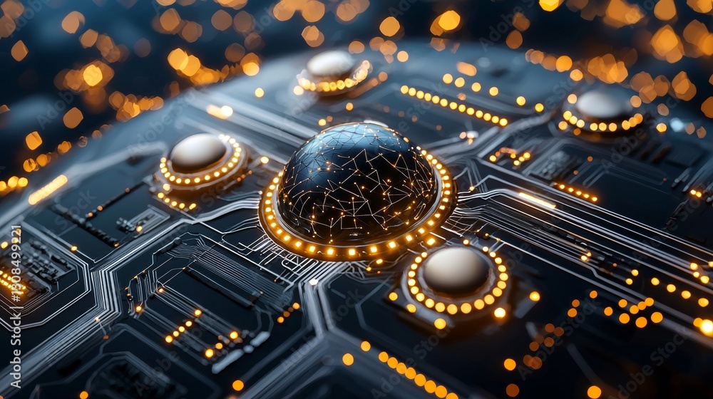 Poster exploring the future of technology in a digital world abstract circuit board visuals futuristic envi