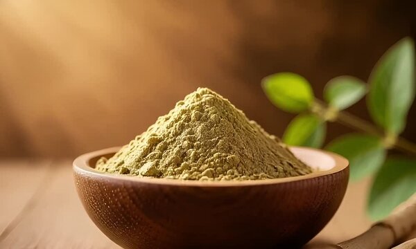 Close-up cinematic shot of a bowl filled with ashwagandha powder, natural health supplement, wellness concept