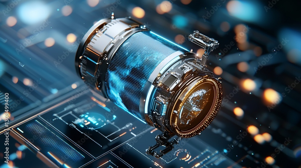 Poster futuristic energy module activation virtual lab 3d graphic design high-tech environment close-up vie