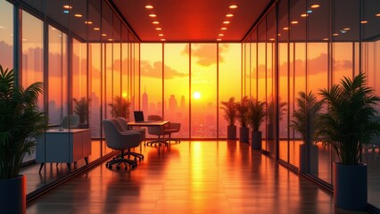 Fototapeta premium Office reflection effects, Modern office gleams with reflections of city skies during a glowing sunset sleek minimalism blends with vibrant lightin