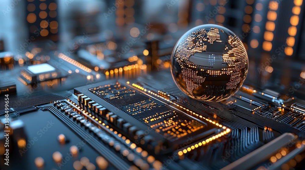 Poster exploring global connectivity through technology a close-up of a circuit board with a world globe di