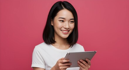 Naklejka premium Portrait of a Smiling Asian Woman Holding Digital Tablet Against Pink Background