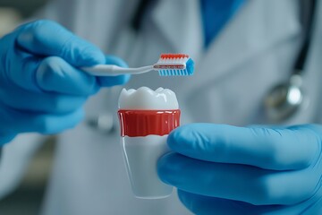Dentist demonstrating proper brushing technique on a model tooth.