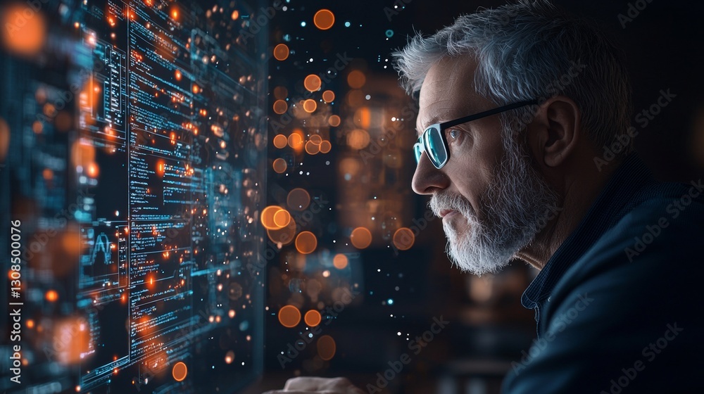Poster digital innovator analyzing complex data patterns in a high-tech office space captured from a side v
