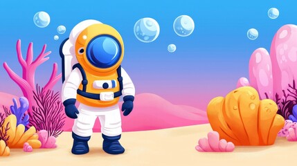 Whimsical cartoon astronaut exploring a colorful desert landscape with unique terrain and features