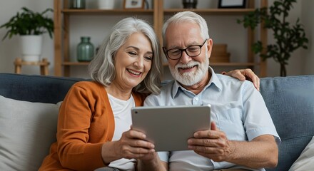 A happy senior couple sitting close together on a cozy couch, smiling while looking at a tablet