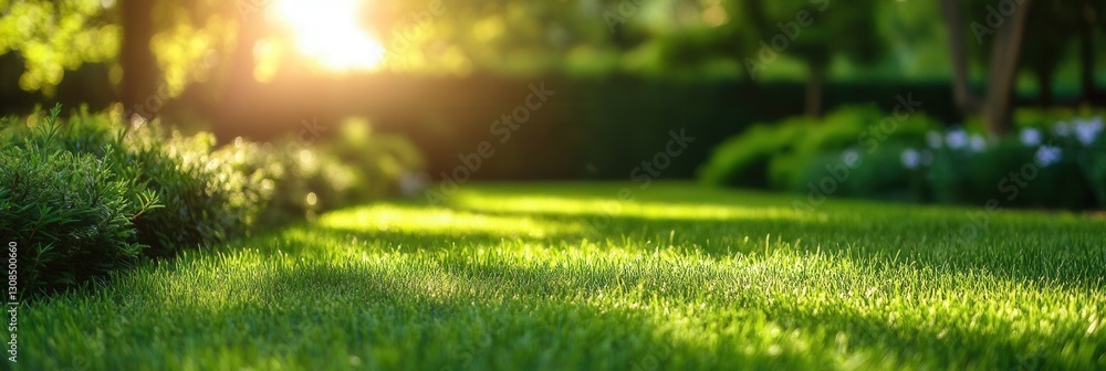 Poster Sunlight filters through trees illuminating lush green lawn at golden hour in a serene garden setting Generative AI