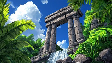 Stunning waterfall cascading over rocks next to an ancient stone structure surrounded by nature