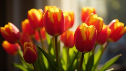 Obraz premium A vibrant bouquet of tulipanes de colores with red and yellow petals illuminated by sunlight.