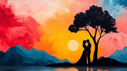 Loving couple embracing each other under the shade of a large tree in a picturesque park setting