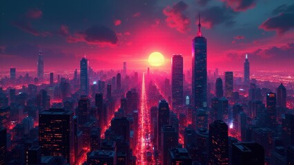 Fototapeta premium Pixelated glitch effects, A cyberpunk city skyline with radiant neon lights under pixelated glitch overlays.