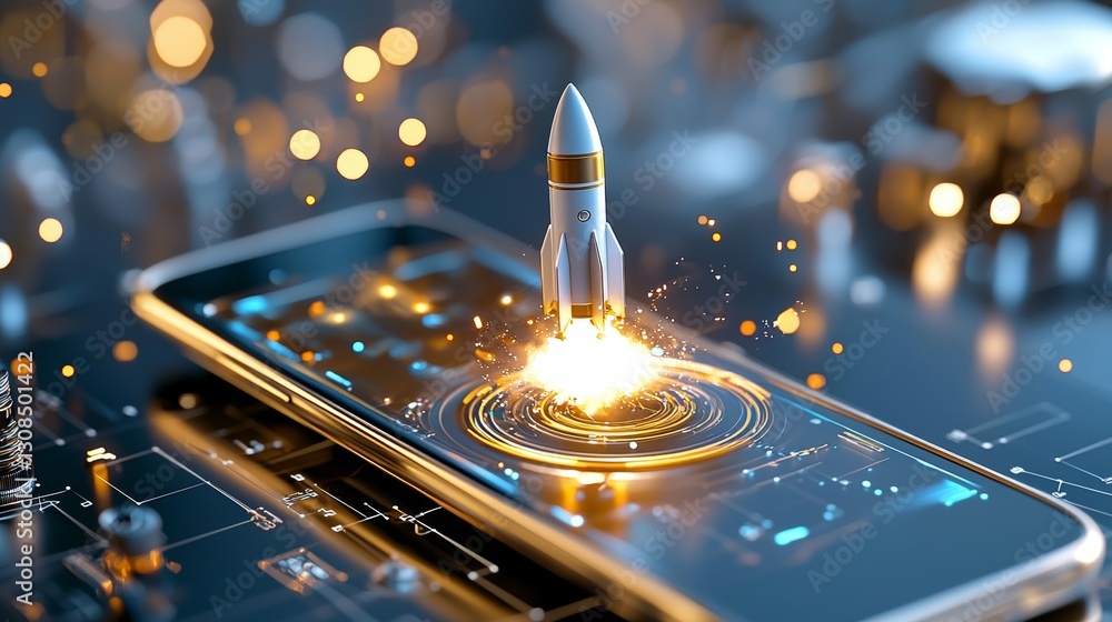 Poster innovative rocket launch simulation digital space 3d animation futuristic technology close-up view d