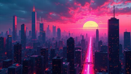 Fototapeta premium Pixelated glitch effects, A glowing pixelated cityscape with twilight sky neon lights electric glitches and digital artifacts in saturated colors