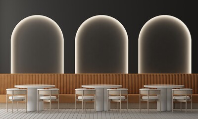 Modern interior design cafe and restaurant and leather table and chairs set and wooden chair and black lighting wall background. 3d rendering