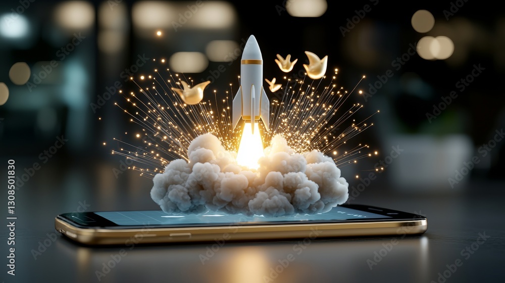 Poster rocket launch from smartphone futuristic technology display digital art vibrant environment close-up