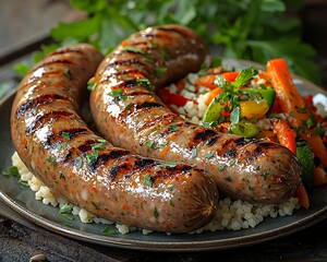 Grilled sausages, vegetable medley, couscous