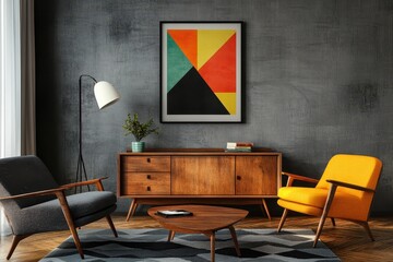 Mid-century modern living room with colorful art. Ideal for interior design, home decor, and real estate websites.