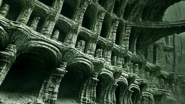 Ancient architecture displayed in an underground cavern showcasing intricate stonework and arches