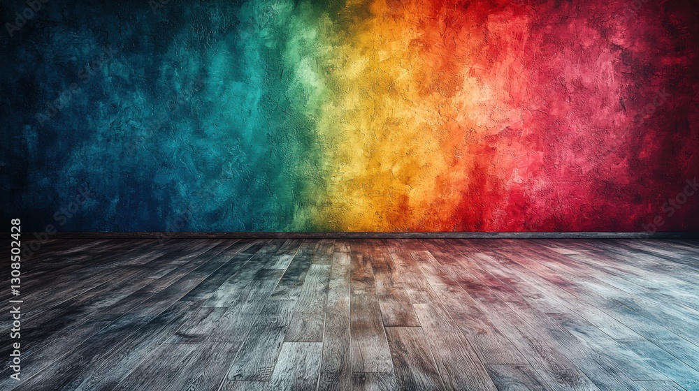Poster colorful wall with striking patterns and a rustic wooden floor creating a unique and inviting space
