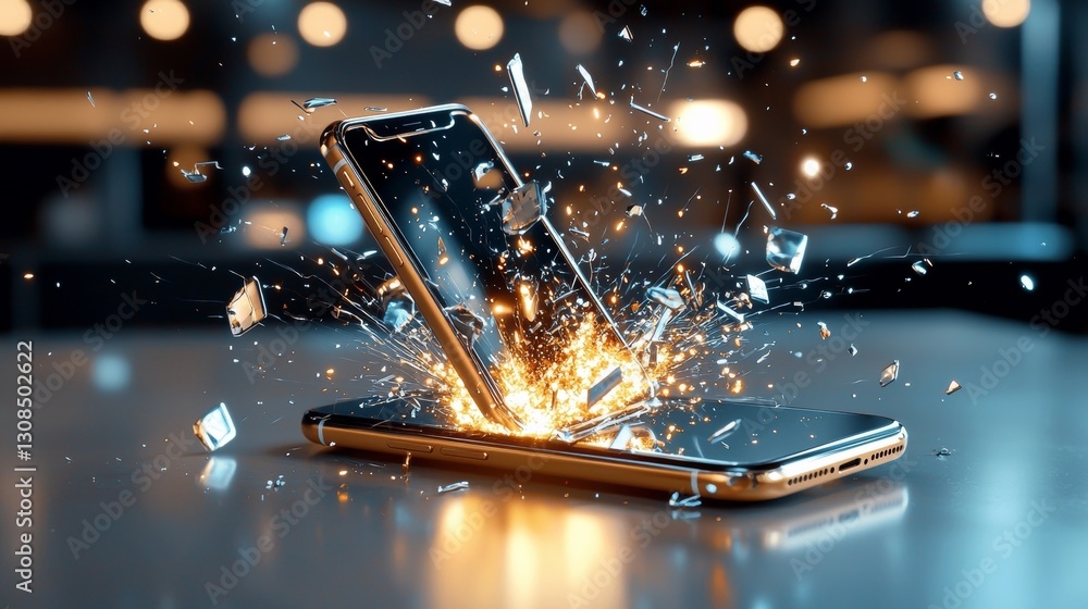 Poster explosive smartphone collision urban setting digital art high-tech environment close-up view innovat