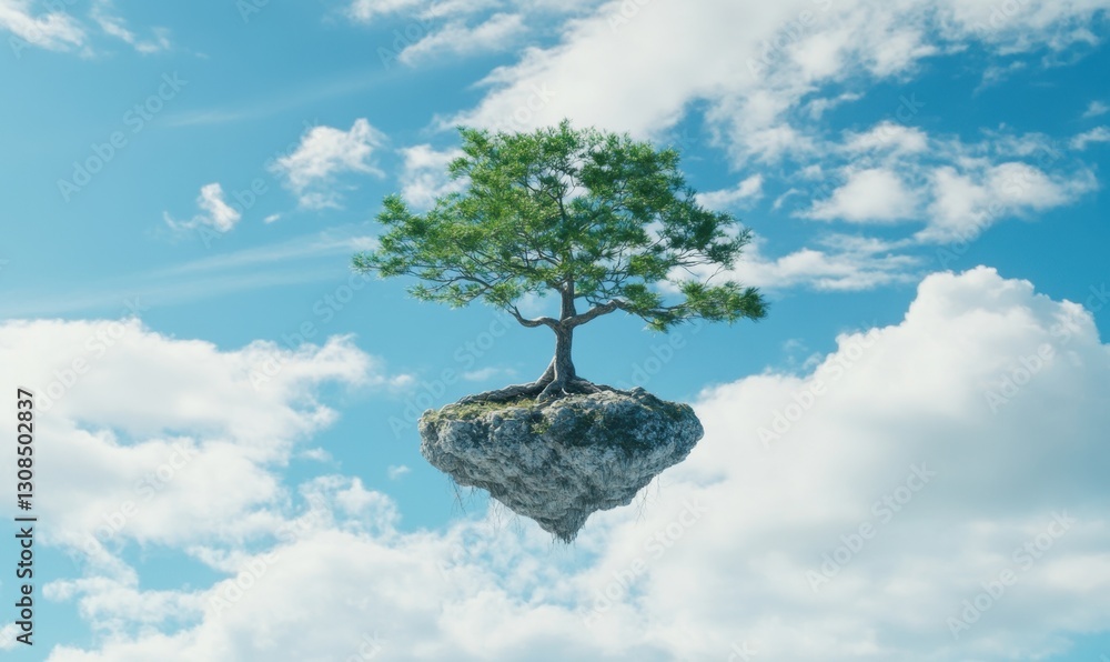 Poster lonely tree on a floating island in the sky with clouds