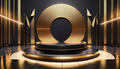 Luxurious black and gold stage with modern geometric design, illuminated by elegant lighting. A perfect scene for awards, presentations, and high-end events, exuding prestige and sophistication.