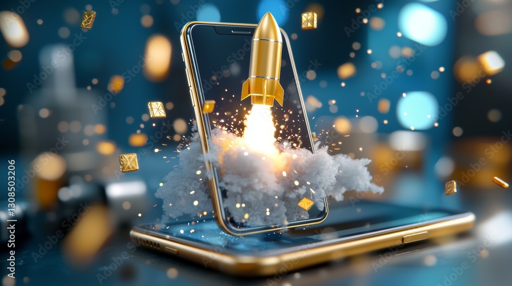 Poster rocket launching from smartphone digital innovation technology showcase modern workspace dynamic vie