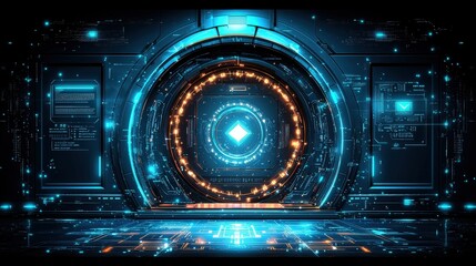 Obraz premium Futuristic cyber tunnel with neon lights and digital patterns creating a high-tech atmosphere